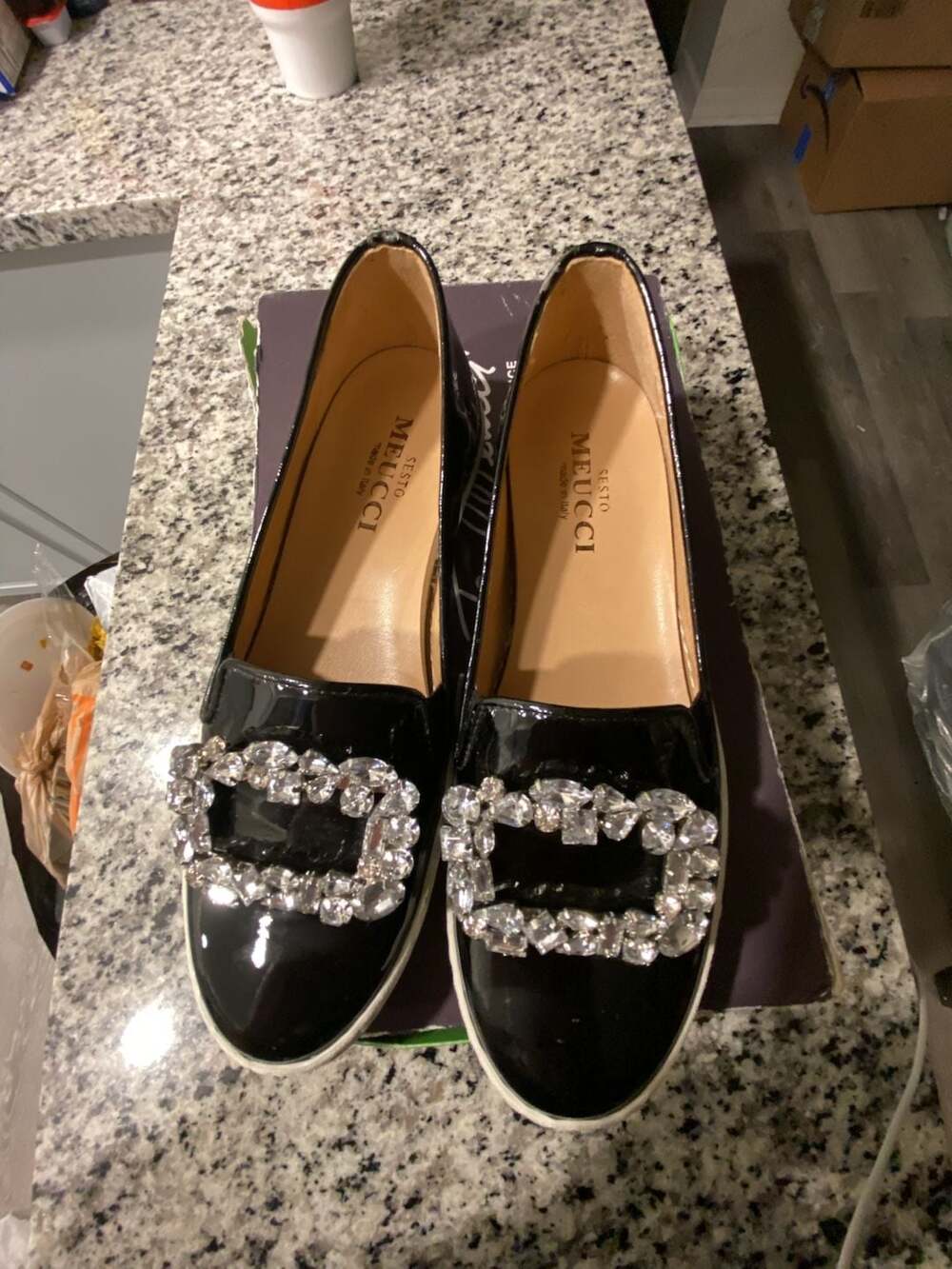Sesto Meucci Black Patent Leather Crystal Ornament Slip-On Sneakers
